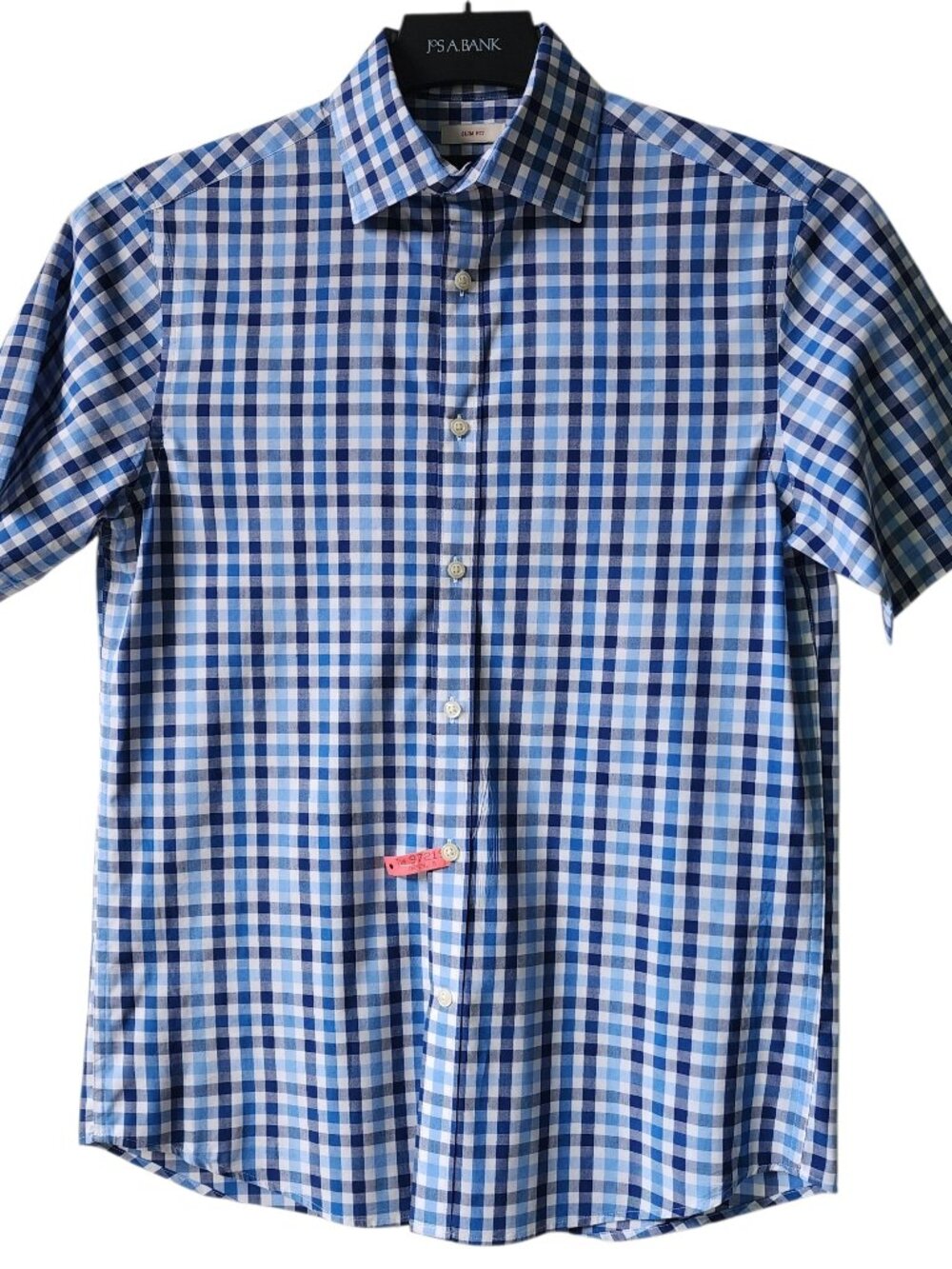 Small Shirt Slim Fit Blue Check Gingham Jos A Bank Casual Short Sleeve Cotton S
